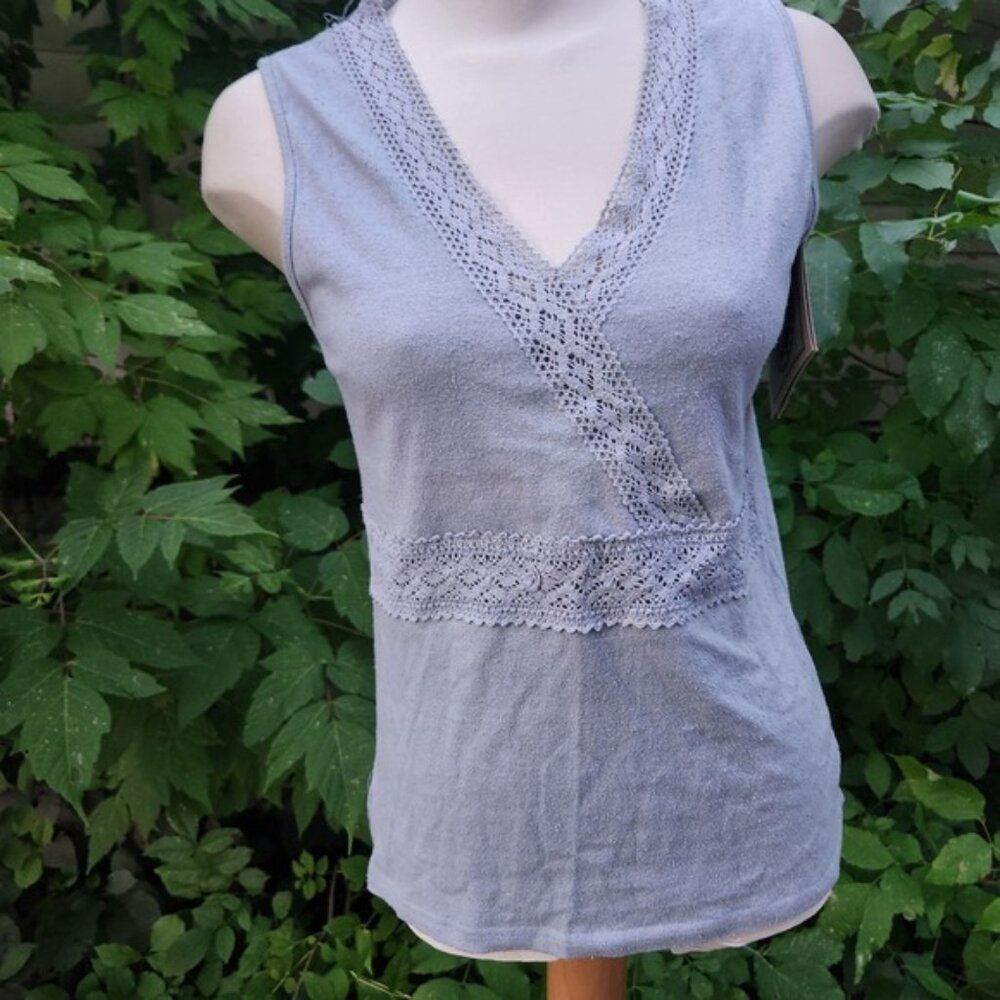 Earth Collection Sleeveless‎ Top Size L Lace Trim Detail Cotton Silk Blend Gray
